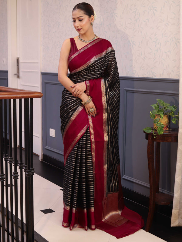 Banarasee Handwoven Semi Silk Saree With Zari Stripes Pattern & Contrast Border-Black & Maroon