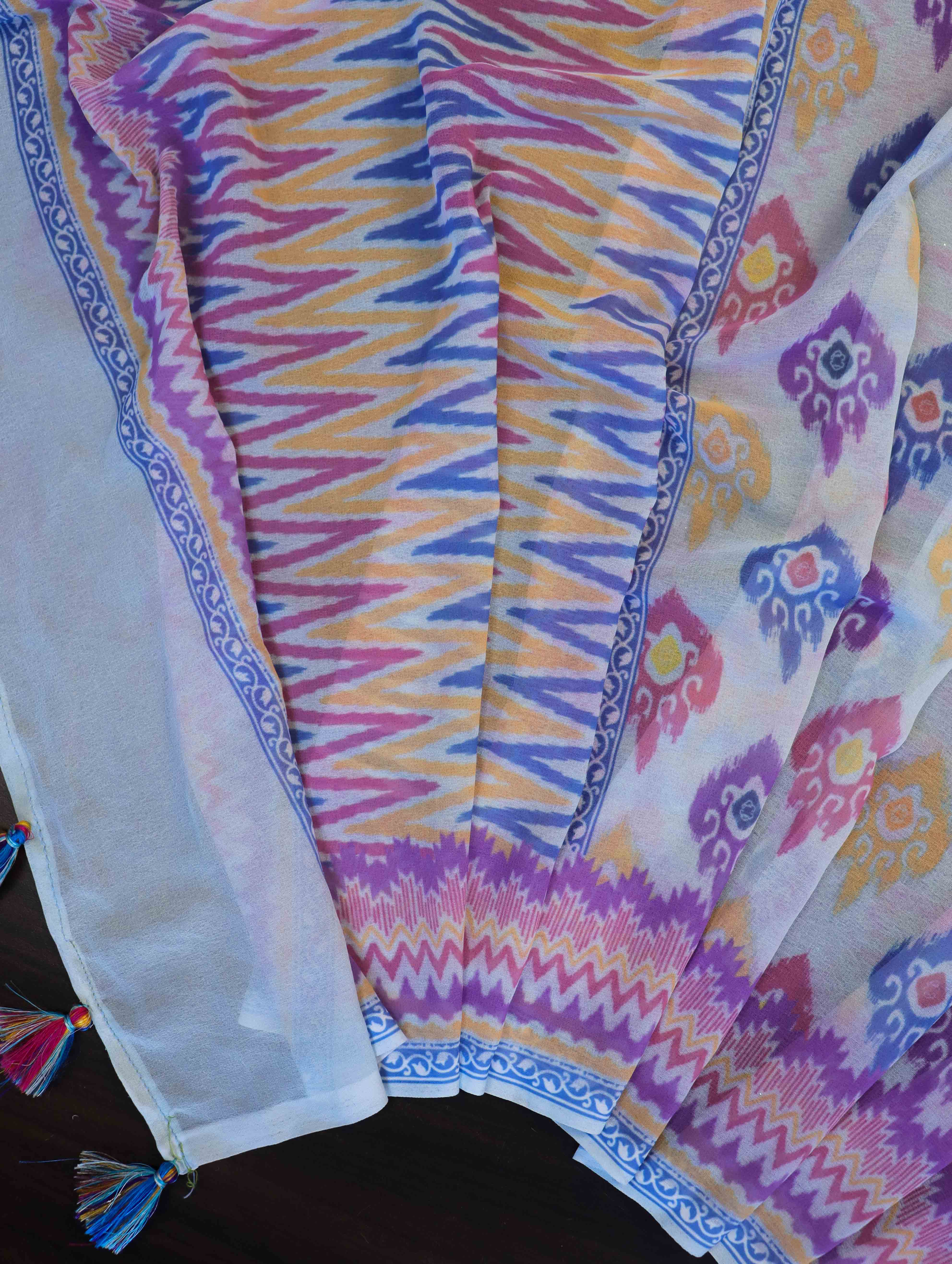 Banarasee Handwoven Faux Georgette Saree With Ikkat Print Design-Aqua Blue