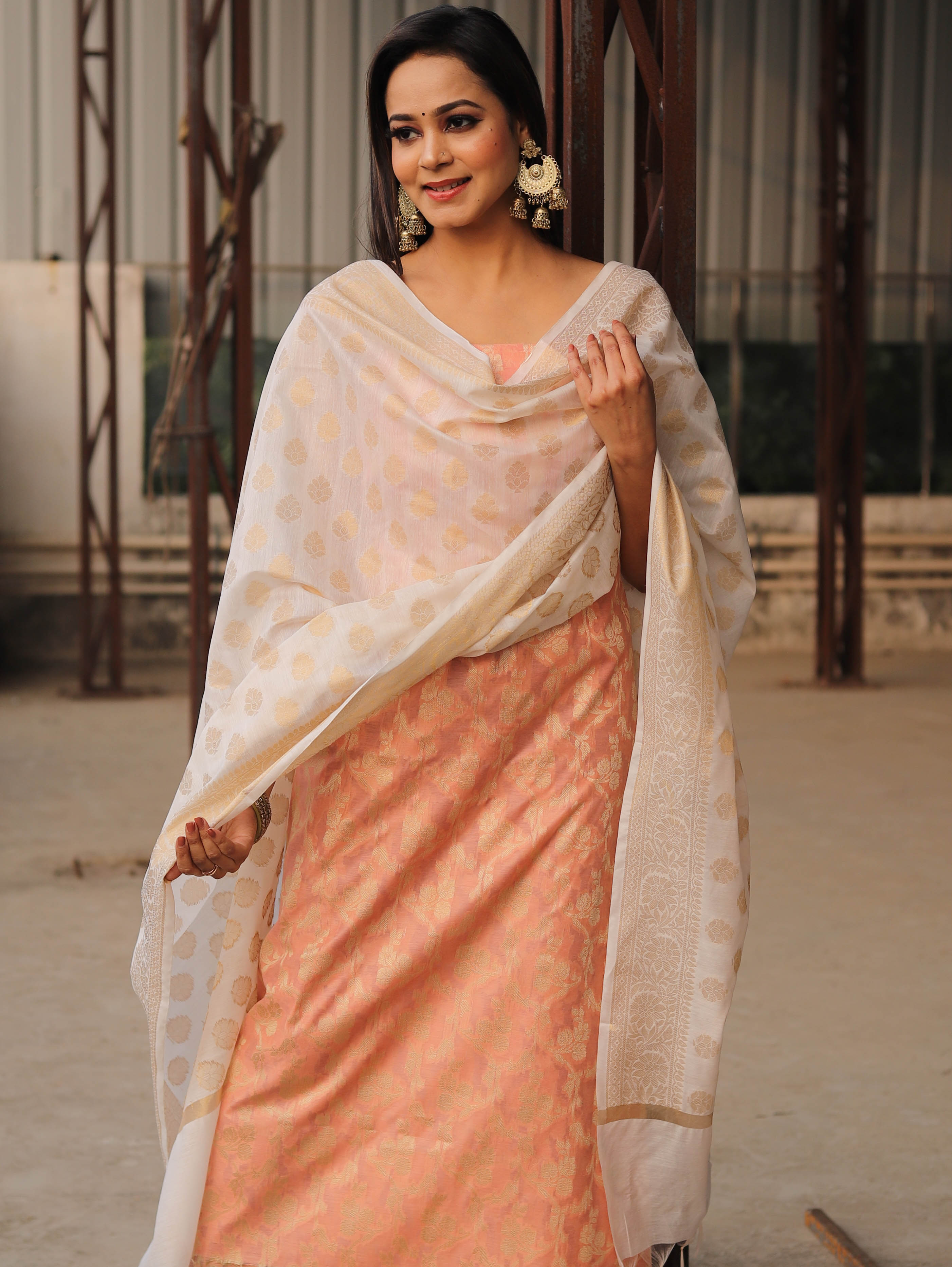 Banarasee Chanderi Cotton Salwar Kameez Set With Zari Work-Peach & White