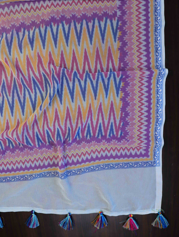 Banarasee Handwoven Faux Georgette Saree With Ikkat Print Design-Aqua Blue