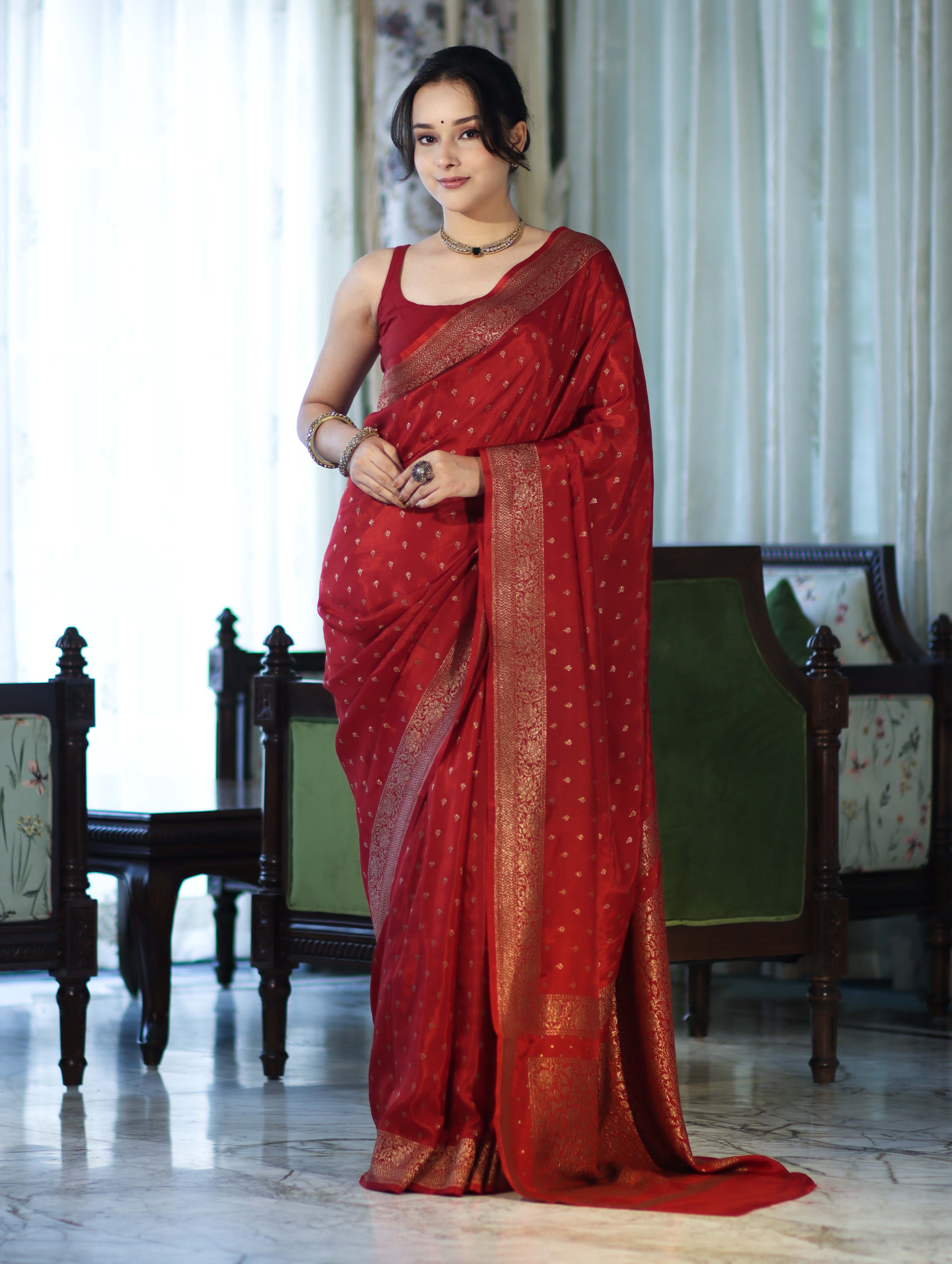 Banarasee Handloom Soft Silk Saree With Antique Zari Buti Design & Border-Maroon