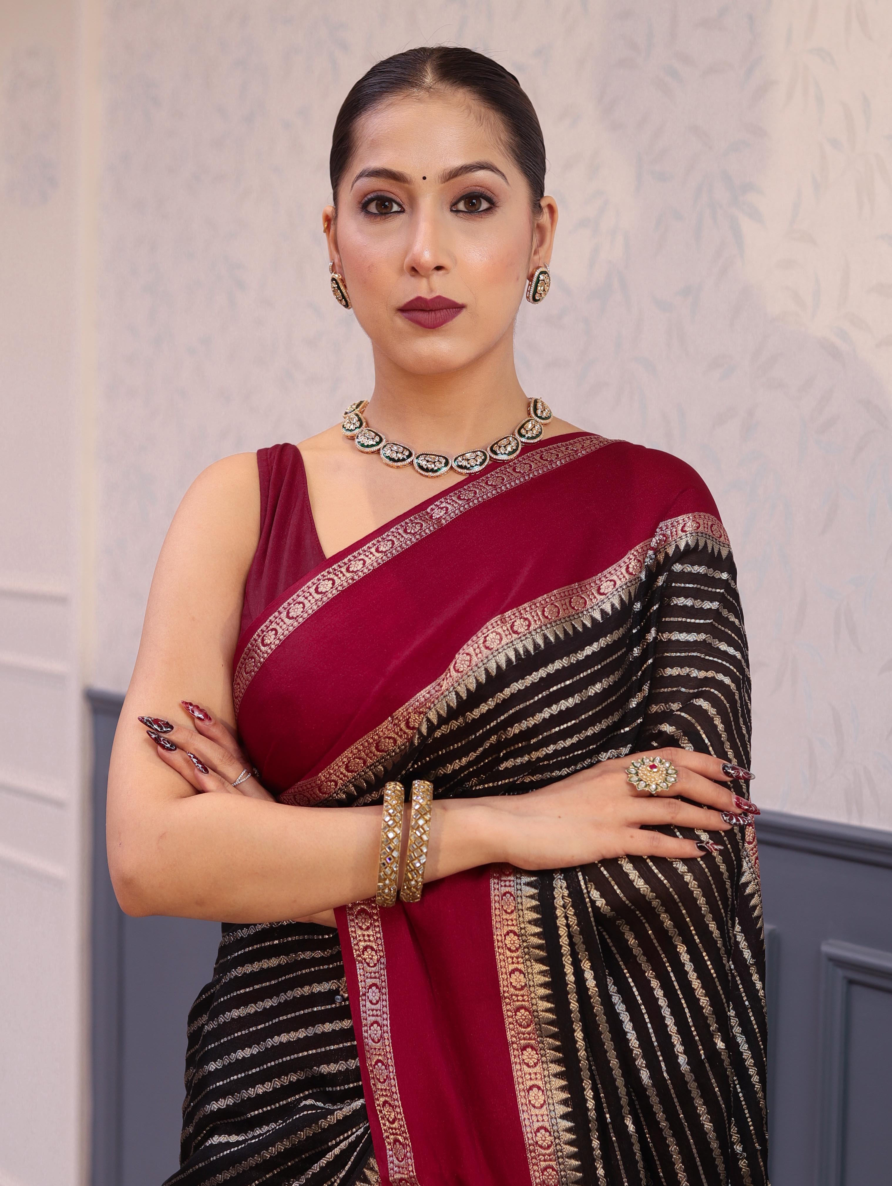 Banarasee Handwoven Semi Silk Saree With Zari Stripes Pattern & Contrast Border-Black & Maroon