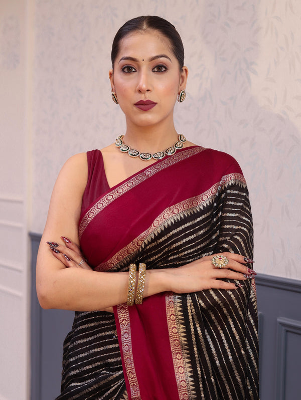 Banarasee Handwoven Semi Silk Saree With Zari Stripes Pattern & Contrast Border-Black & Maroon