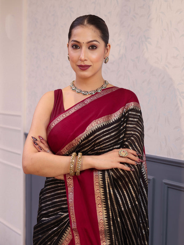 Banarasee Handwoven Semi Silk Saree With Zari Stripes Pattern & Contrast Border-Black & Maroon