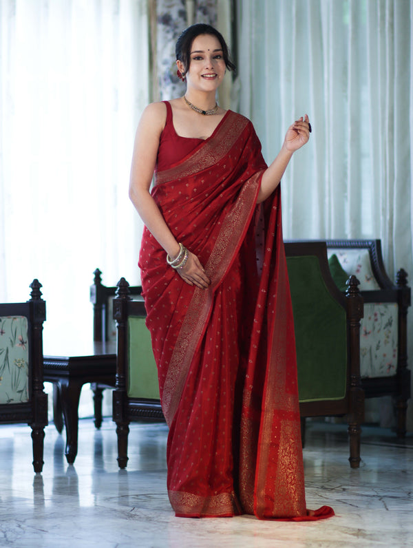 Banarasee Handloom Soft Silk Saree With Antique Zari Buti Design & Border-Maroon