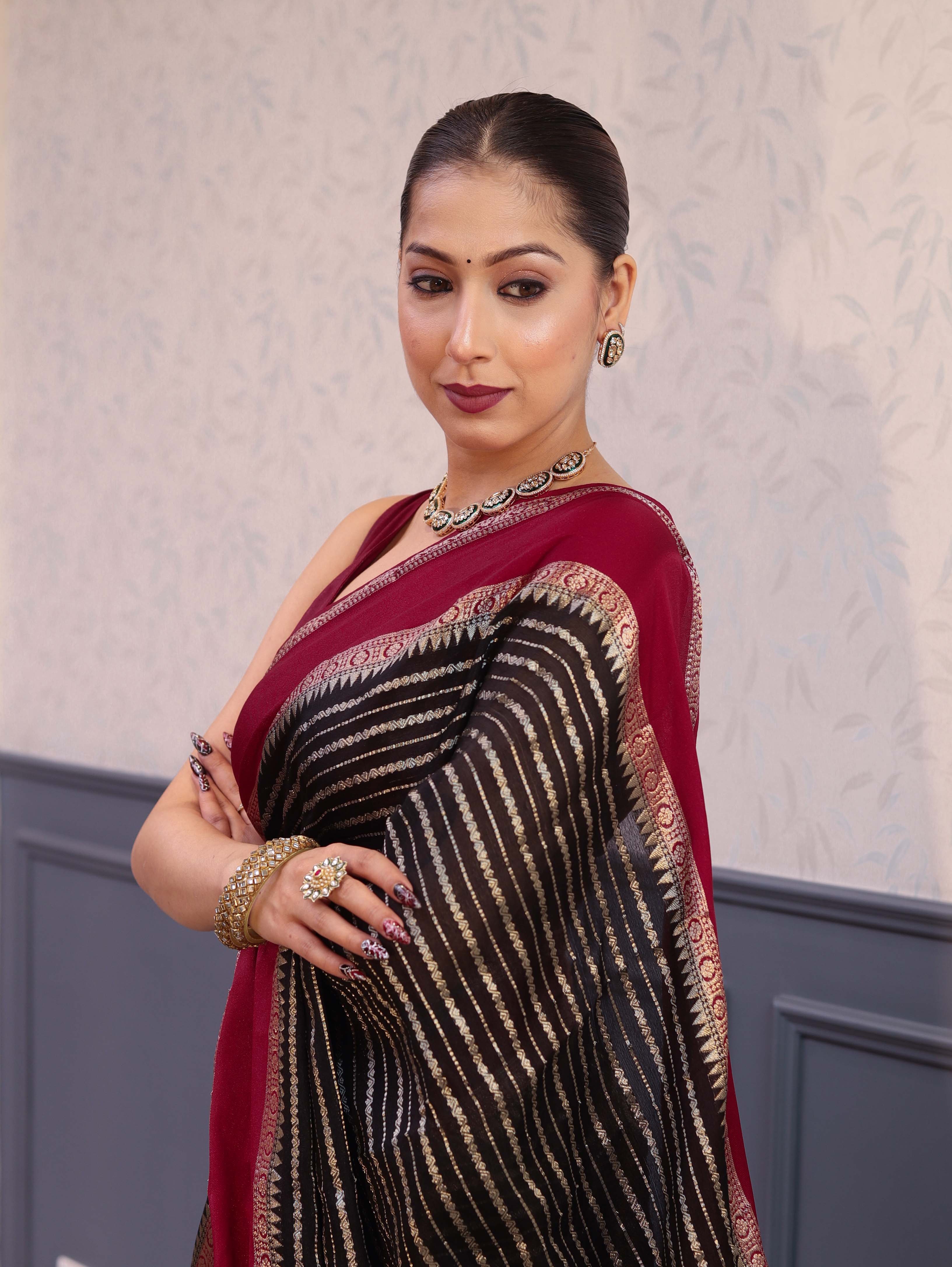 Banarasee Handwoven Semi Silk Saree With Zari Stripes Pattern & Contrast Border-Black & Maroon
