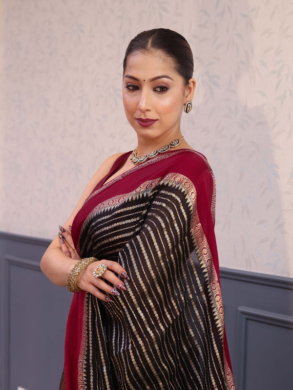 Banarasee Handwoven Semi Silk Saree With Zari Stripes Pattern & Contrast Border-Black & Maroon