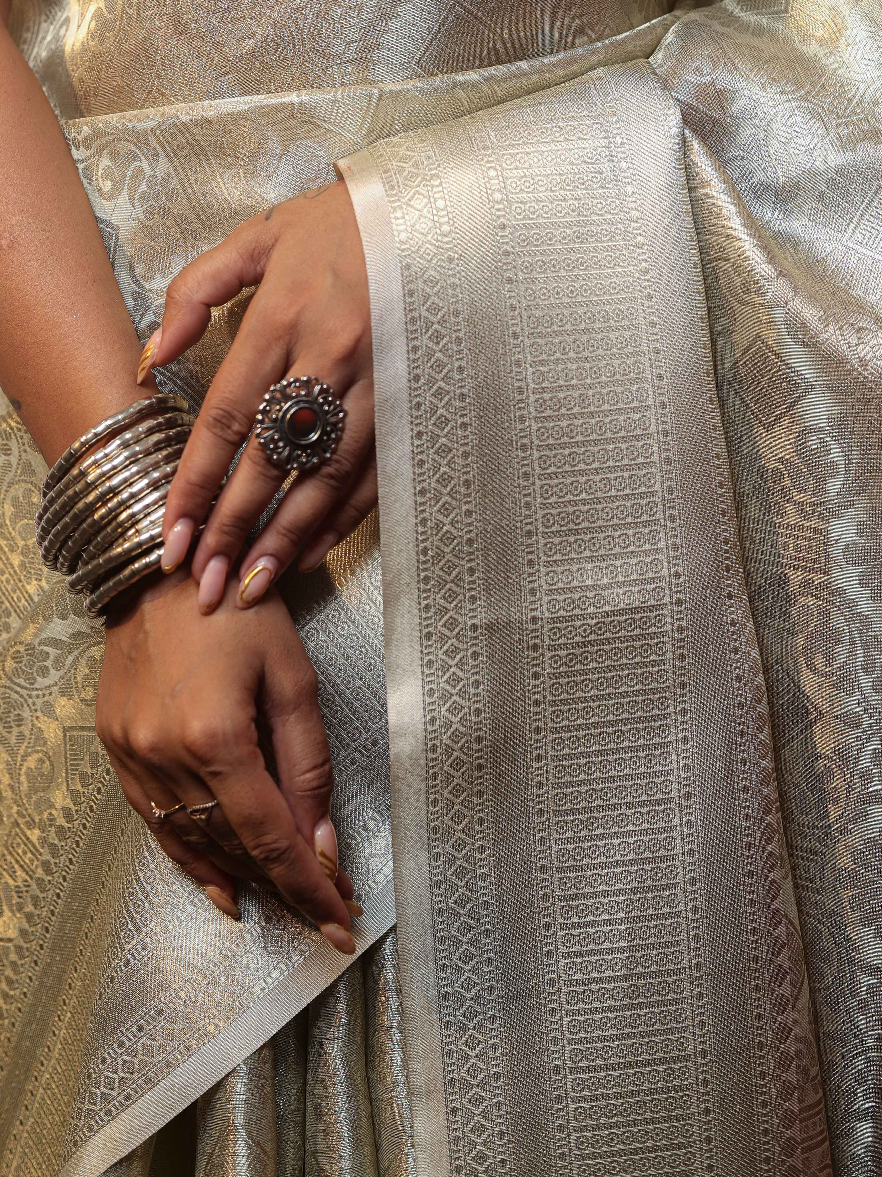 Banarasee Handwoven Tissue Saree With Silver Zari Jaal Design & Border-Silver
