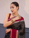 Banarasee Handwoven Semi Silk Saree With Zari Stripes Pattern & Contrast Border-Black & Maroon