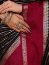 Banarasee Handwoven Semi Silk Saree With Zari Stripes Pattern & Contrast Border-Black & Maroon