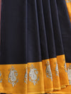 Handloom Mul Cotton Hand-Block Print Saree-Black & Yellow