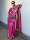 Banarasee Handwoven Semi Silk Saree With Zari Jaal Design & Lace-Pink