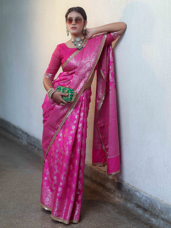 Banarasee Handwoven Semi Silk Saree With Zari Jaal Design & Lace-Pink
