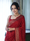 Banarasee Handloom Soft Silk Saree With Antique Zari Buti Design & Border-Maroon