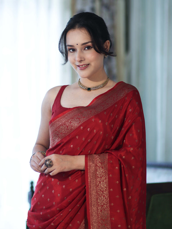Banarasee Handloom Soft Silk Saree With Antique Zari Buti Design & Border-Maroon