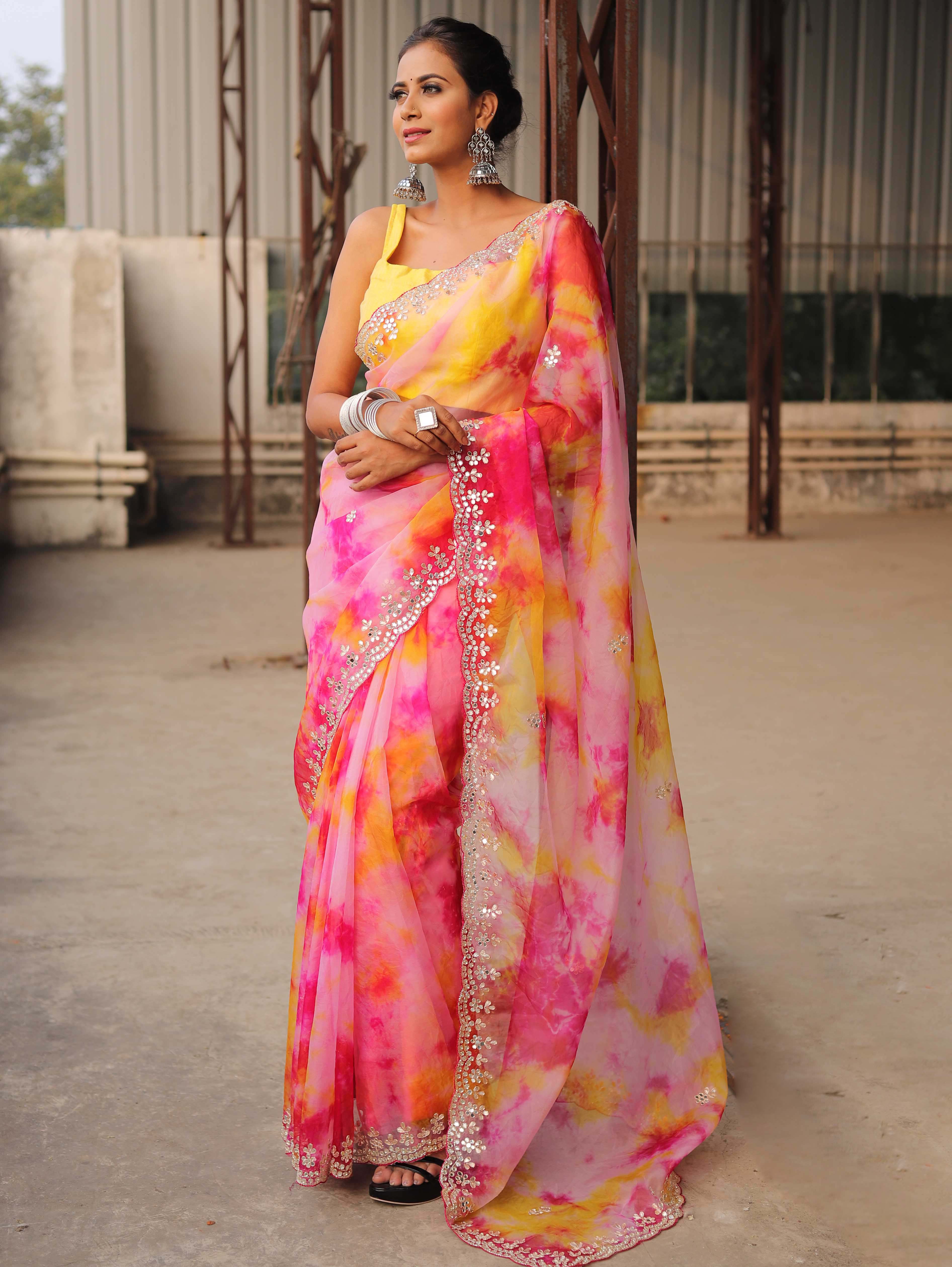 Banarasee Organza Silk Shibori Dyed Hand-Work Scallop Border Saree & Contrast Blouse-Multicolor