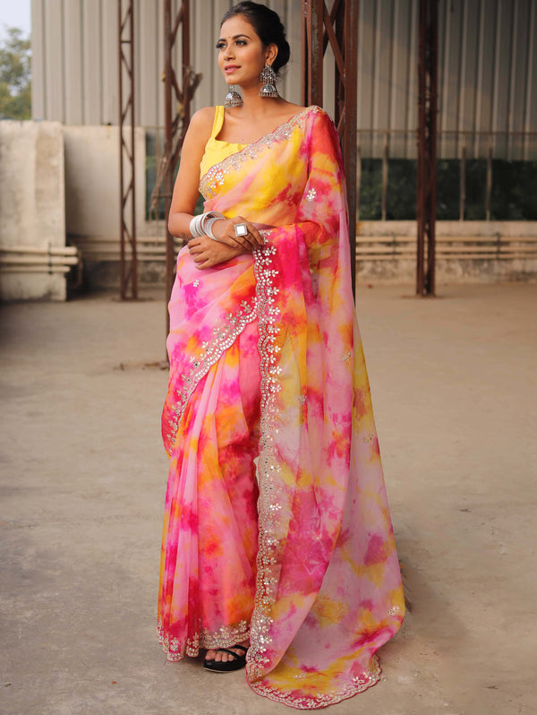 Banarasee Organza Silk Shibori Dyed Hand-Work Scallop Border Saree & Contrast Blouse-Multicolor