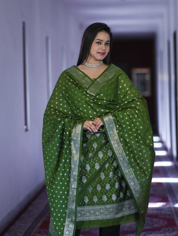 Banarasee Faux Georgette Zari Work Salwar Kameez Fabric With Dupatta Set-Leaf Green