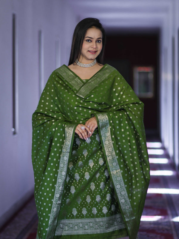 Banarasee Faux Georgette Zari Work Salwar Kameez Fabric With Dupatta Set-Leaf Green