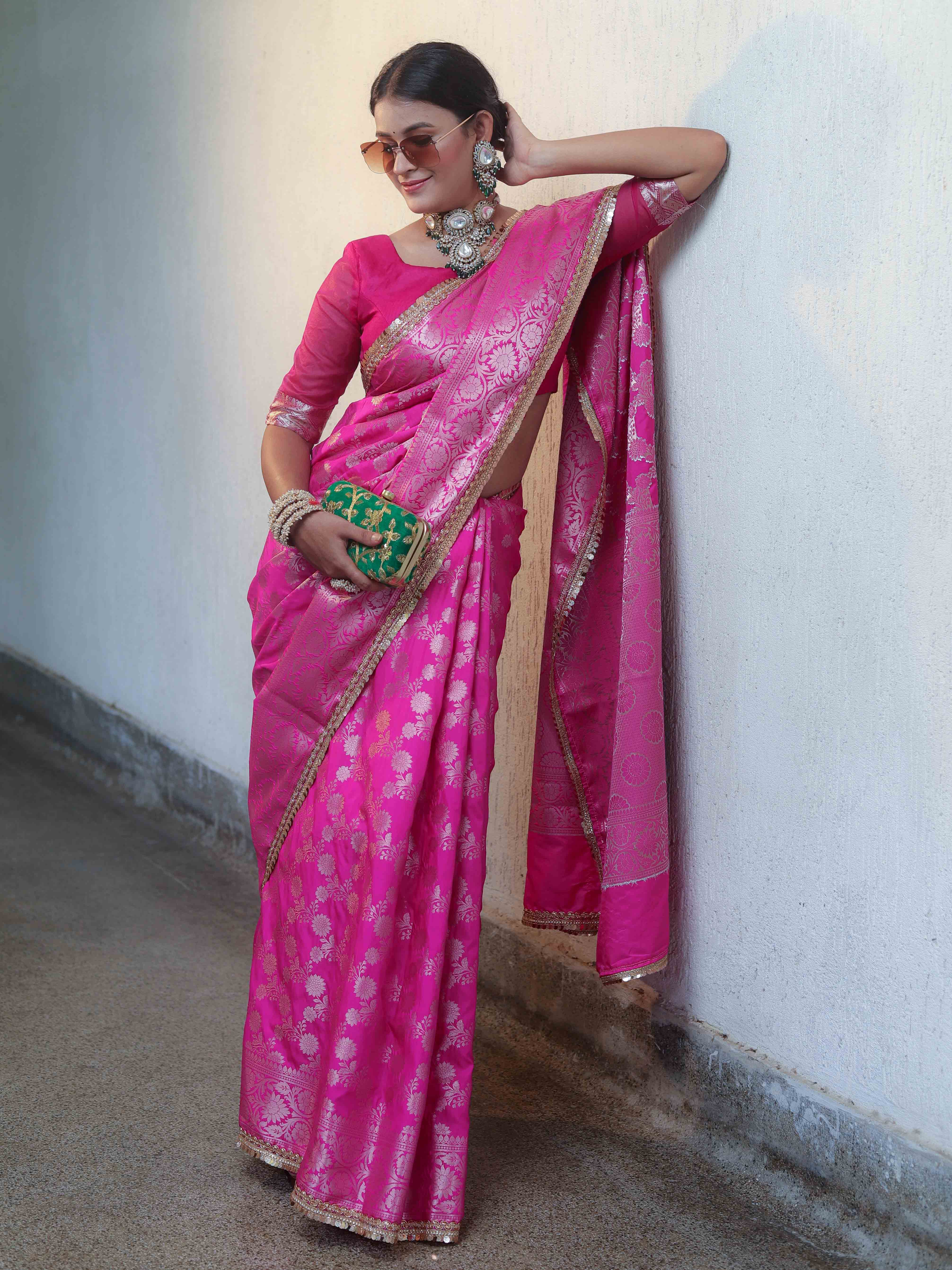Banarasee Handwoven Semi Silk Saree With Zari Jaal Design & Lace-Pink