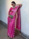 Banarasee Handwoven Semi Silk Saree With Zari Jaal Design & Lace-Pink