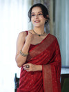 Banarasee Handloom Soft Silk Saree With Antique Zari Buti Design & Border-Maroon
