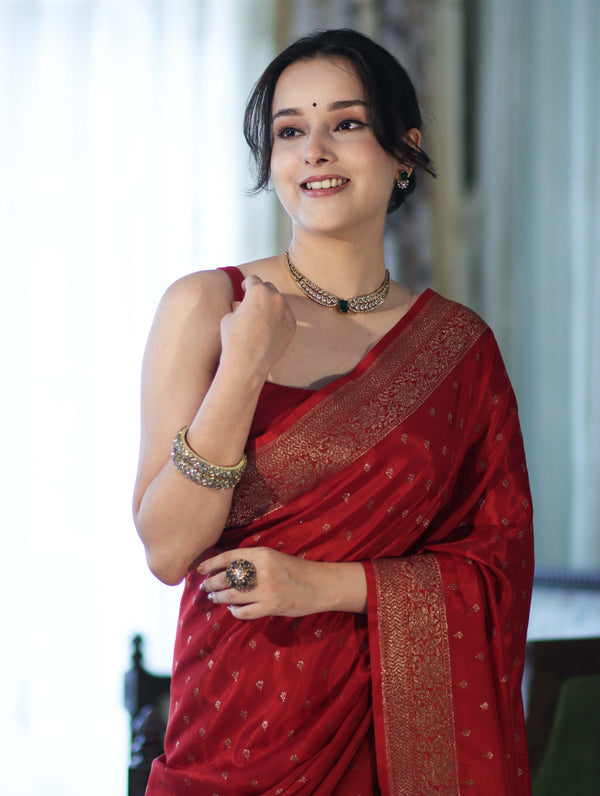Banarasee Handloom Soft Silk Saree With Antique Zari Buti Design & Border-Maroon