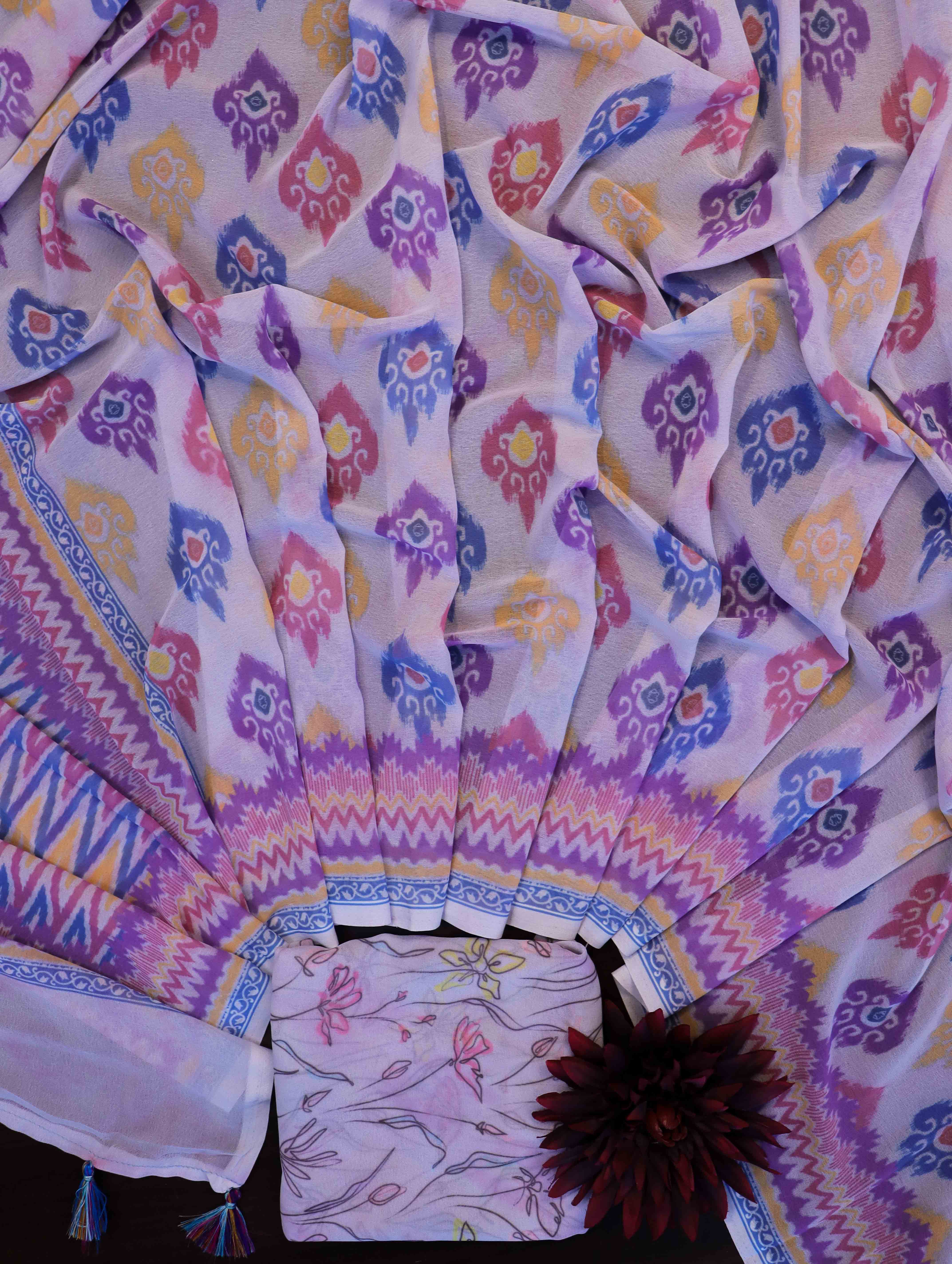 Banarasee Handwoven Faux Georgette Saree With Ikkat Print Design-Light Pink