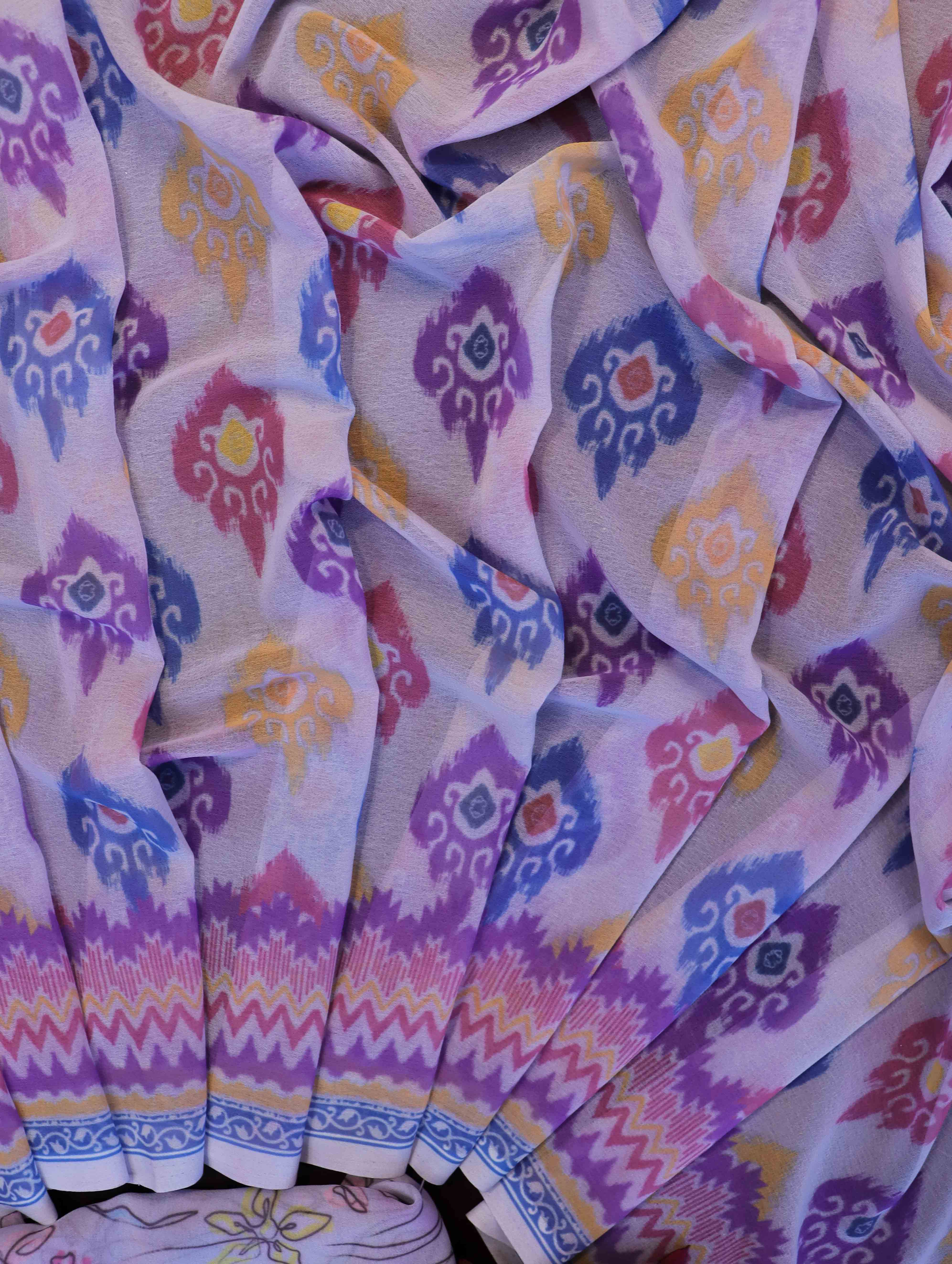 Banarasee Handwoven Faux Georgette Saree With Ikkat Print Design-Light Pink