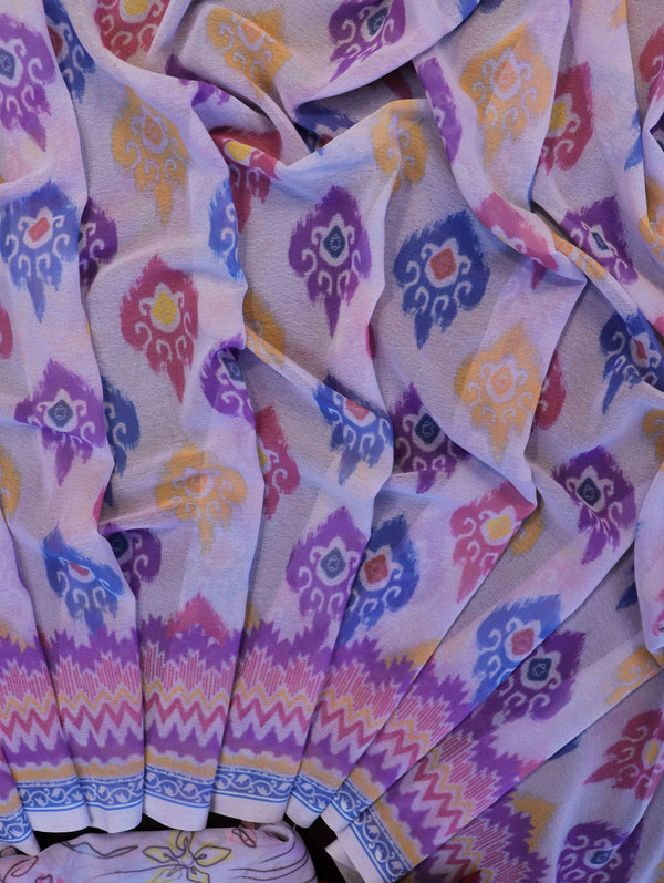 Banarasee Handwoven Faux Georgette Saree With Ikkat Print Design-Light Pink