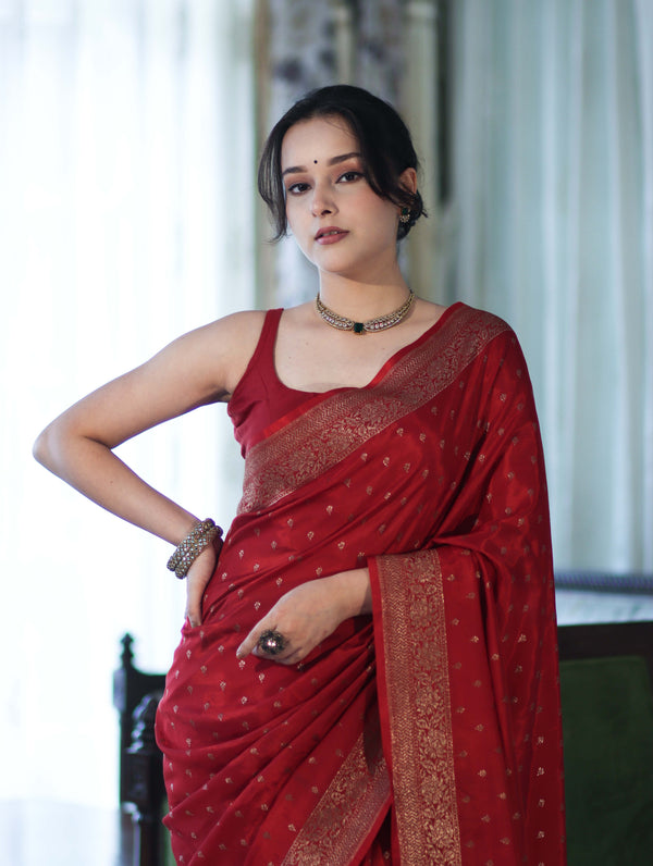 Banarasee Handloom Soft Silk Saree With Antique Zari Buti Design & Border-Maroon