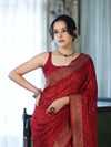Banarasee Handloom Soft Silk Saree With Antique Zari Buti Design & Border-Maroon