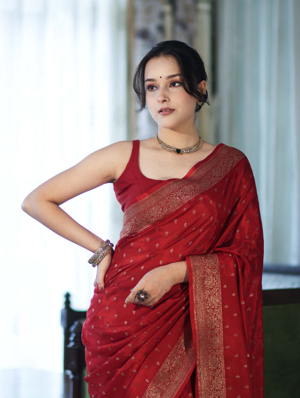 Banarasee Handloom Soft Silk Saree With Antique Zari Buti Design & Border-Maroon