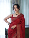 Banarasee Handloom Soft Silk Saree With Antique Zari Buti Design & Border-Maroon