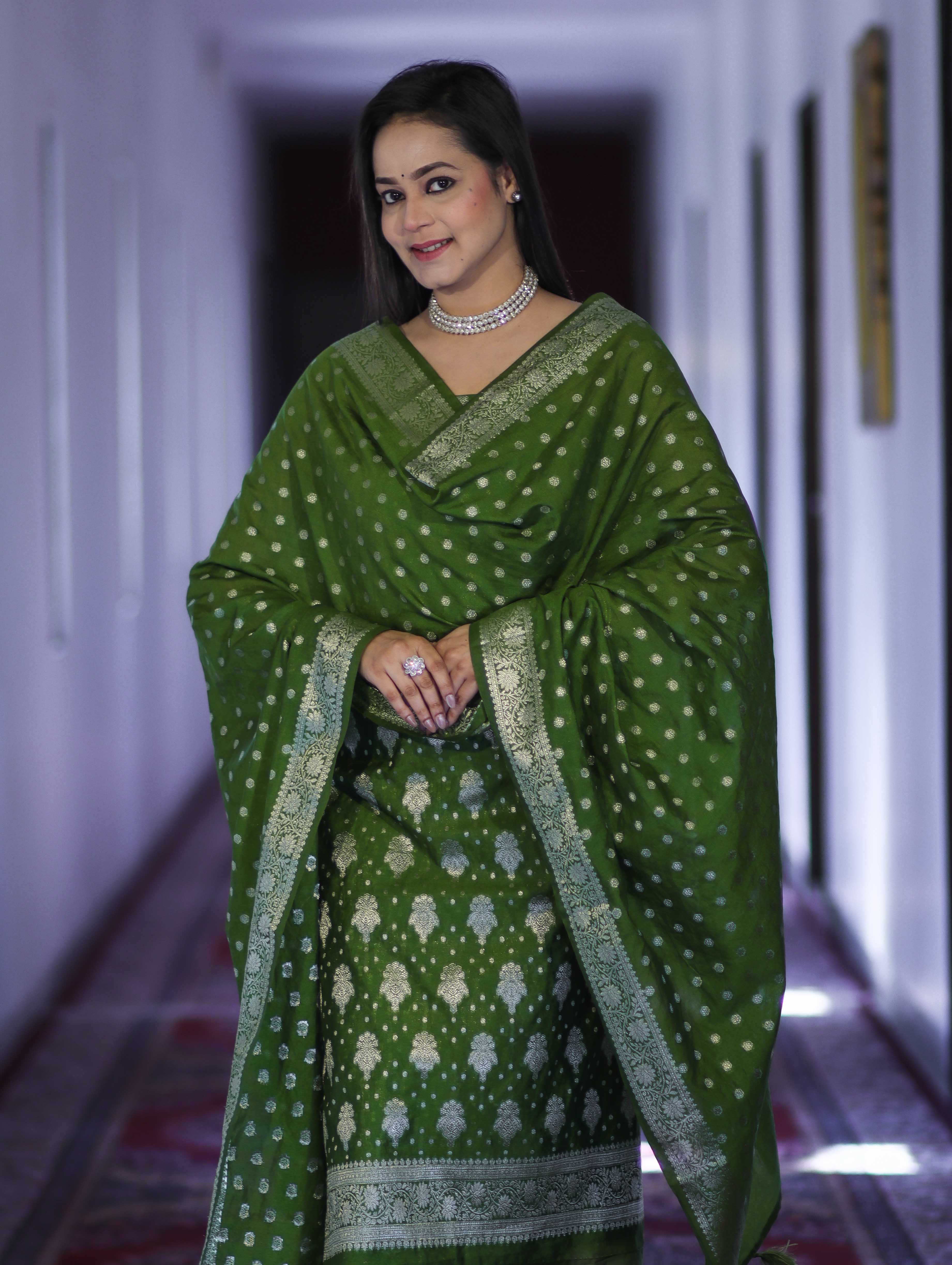 Banarasee Faux Georgette Zari Work Salwar Kameez Fabric With Dupatta Set-Leaf Green