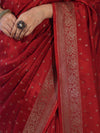 Banarasee Handloom Soft Silk Saree With Antique Zari Buti Design & Border-Maroon