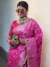 Banarasee Handwoven Semi Silk Saree With Zari Jaal Design & Lace-Pink