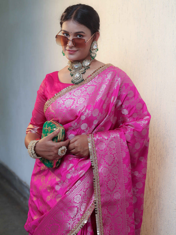 Banarasee Handwoven Semi Silk Saree With Zari Jaal Design & Lace-Pink