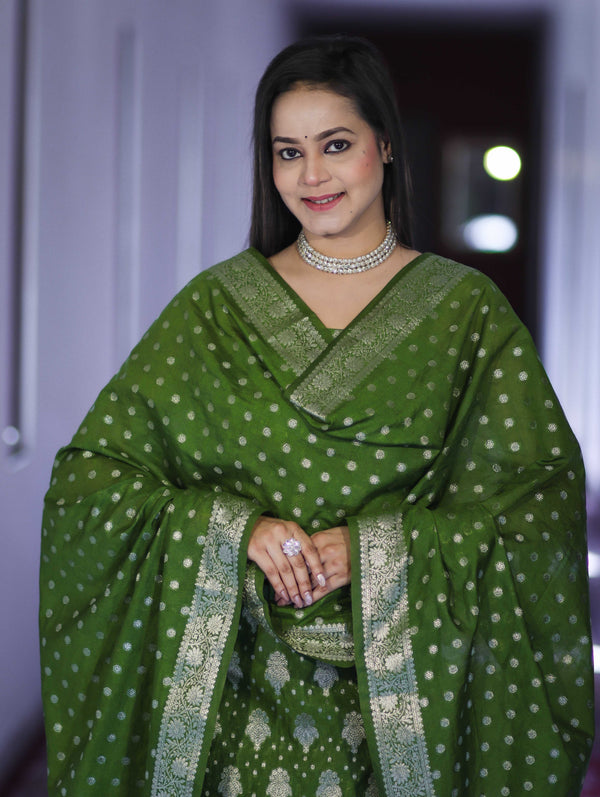 Banarasee Faux Georgette Zari Work Salwar Kameez Fabric With Dupatta Set-Leaf Green