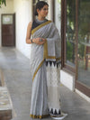 Handloom Mul Cotton Hand-Block Print Saree-White