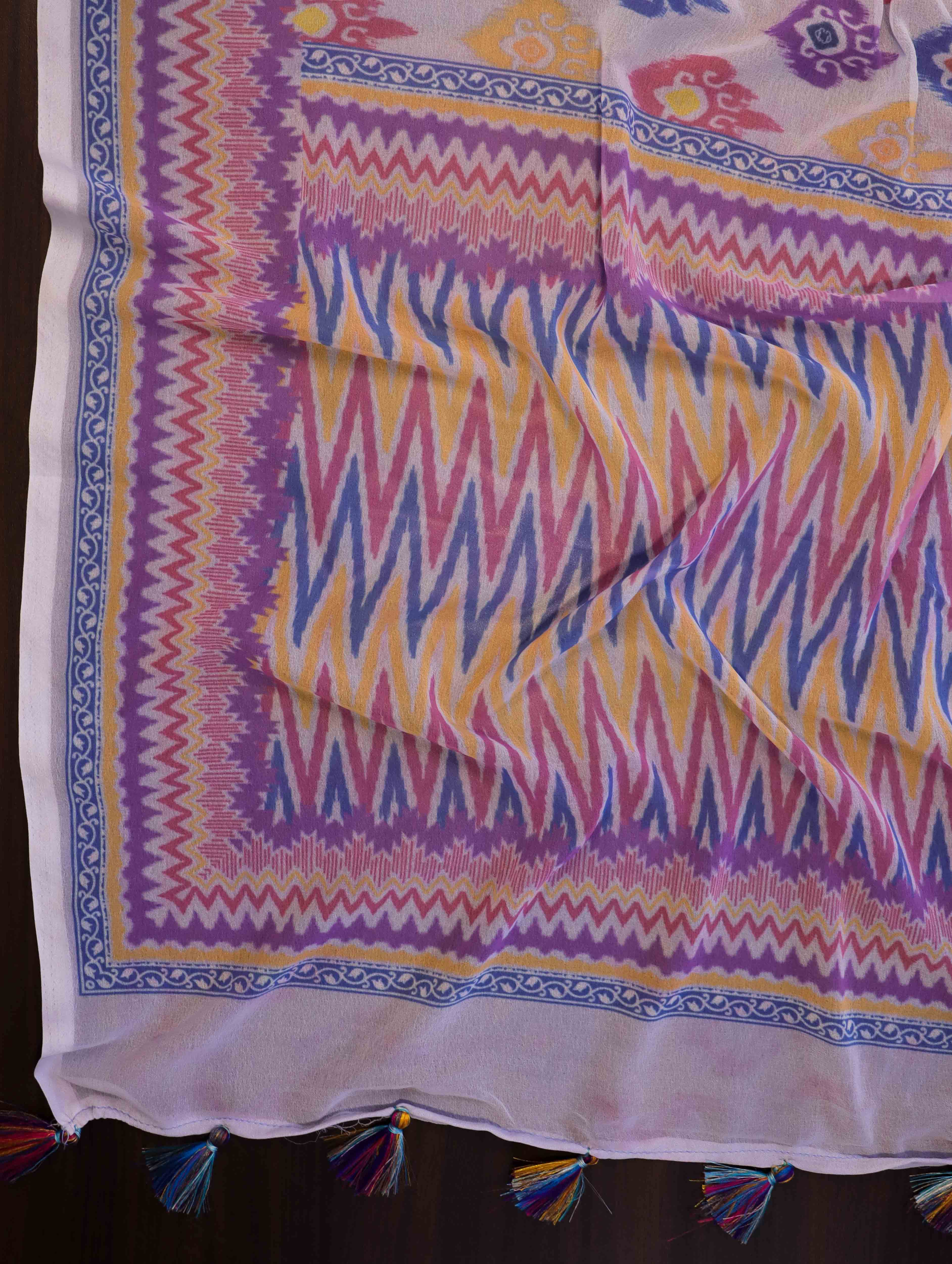 Banarasee Handwoven Faux Georgette Saree With Ikkat Print Design-Light Pink