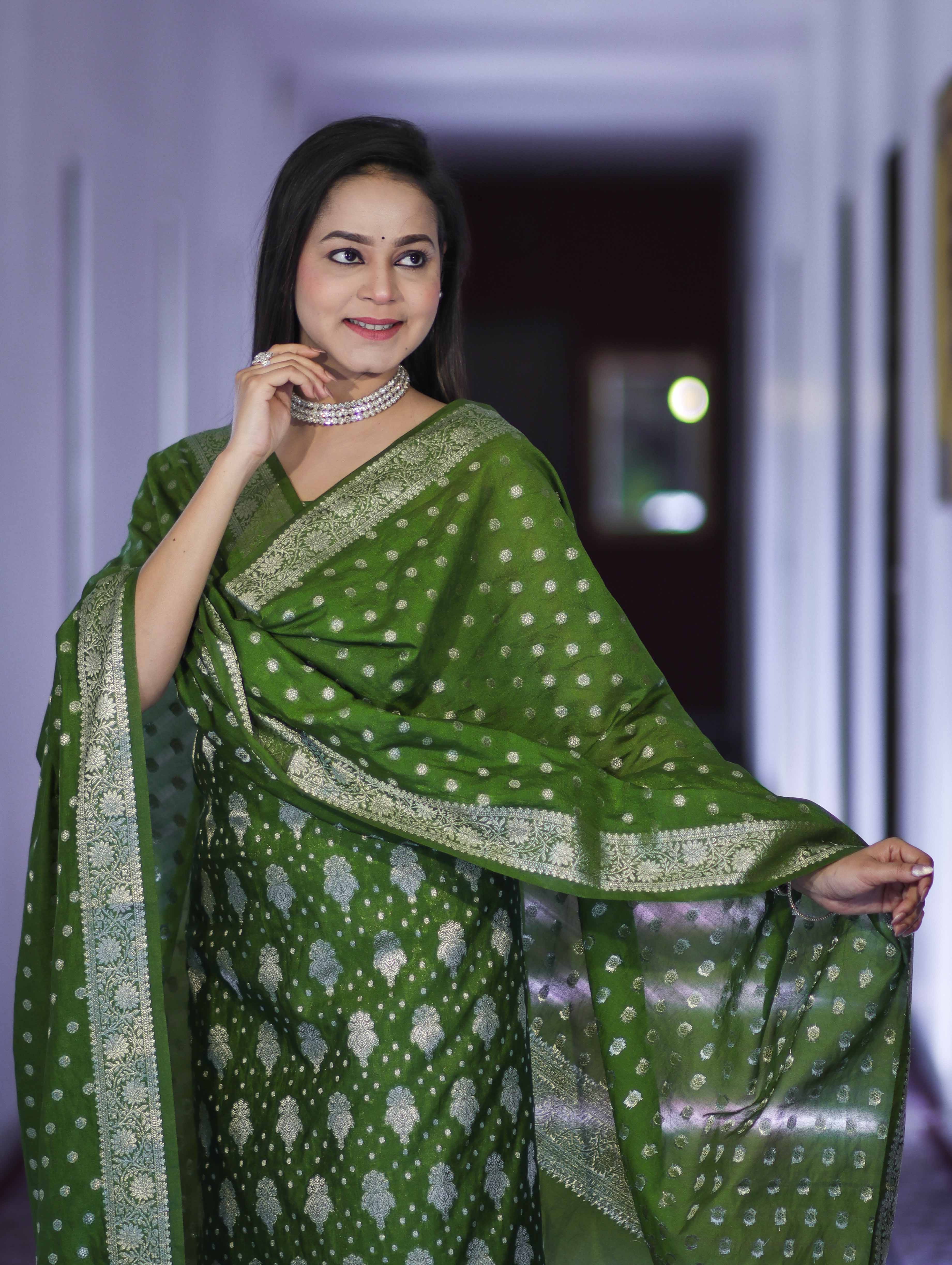 Banarasee Faux Georgette Zari Work Salwar Kameez Fabric With Dupatta Set-Leaf Green