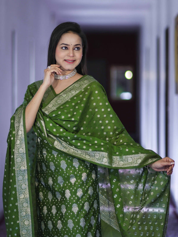 Banarasee Faux Georgette Zari Work Salwar Kameez Fabric With Dupatta Set-Leaf Green