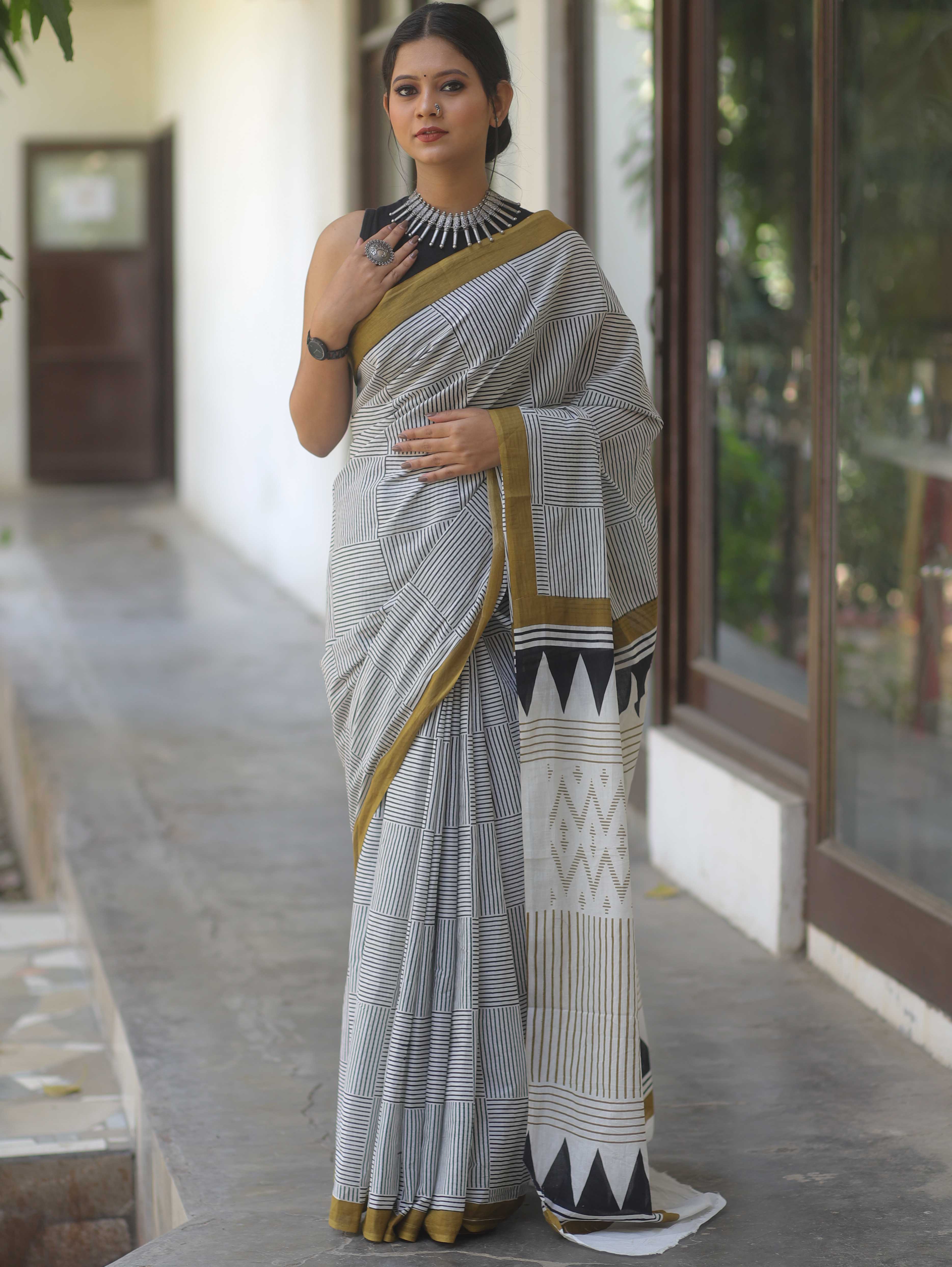 Handloom Mul Cotton Hand-Block Print Saree-White