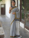 Handloom Mul Cotton Hand-Block Print Saree-White