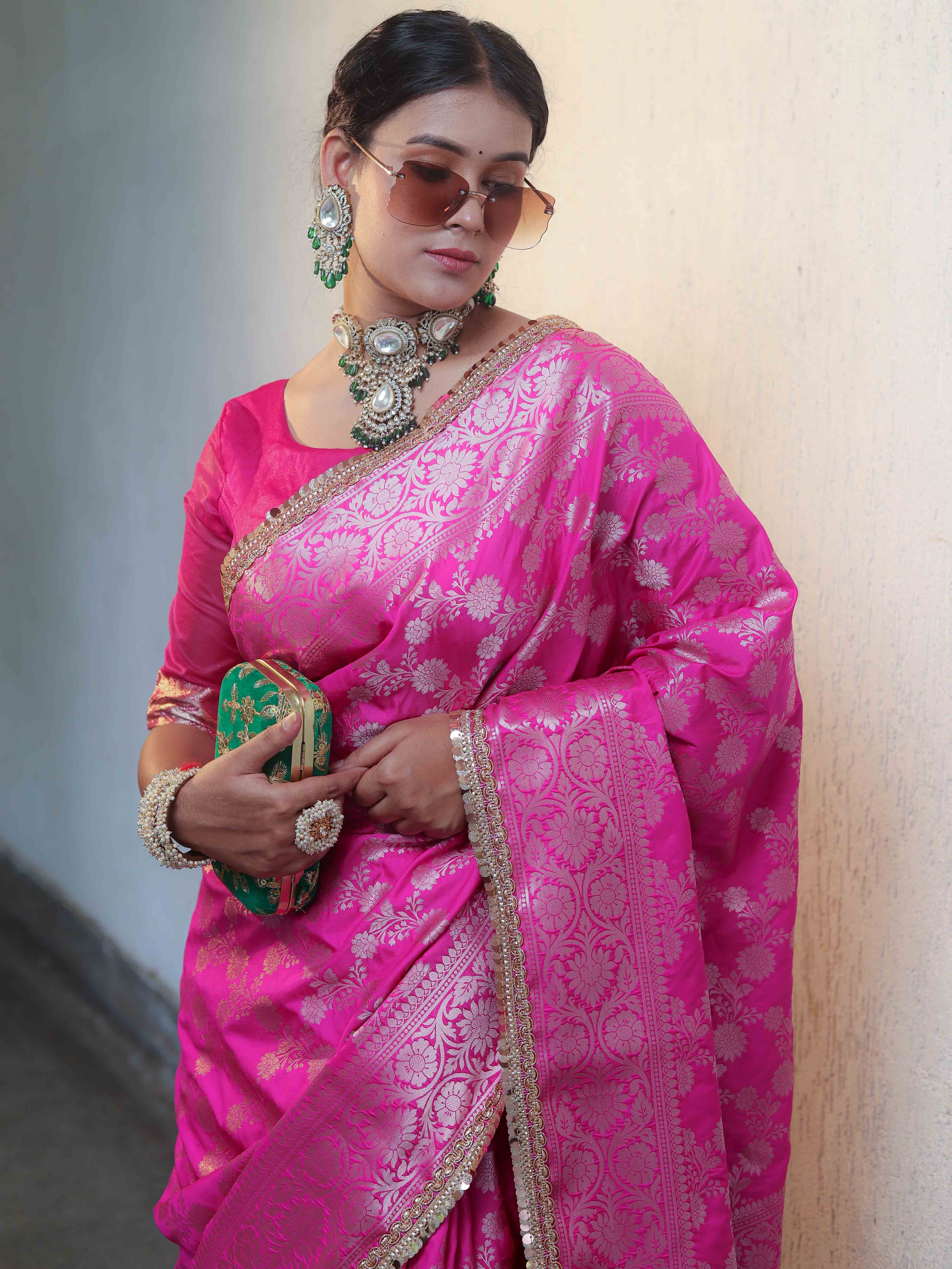 Banarasee Handwoven Semi Silk Saree With Zari Jaal Design & Lace-Pink