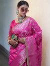 Banarasee Handwoven Semi Silk Saree With Zari Jaal Design & Lace-Pink