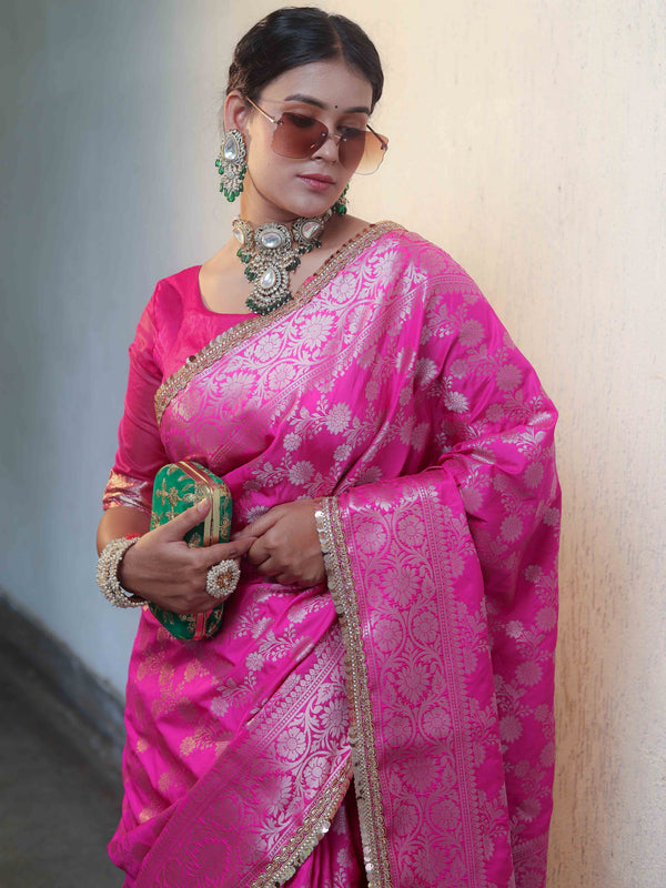 Banarasee Handwoven Semi Silk Saree With Zari Jaal Design & Lace-Pink