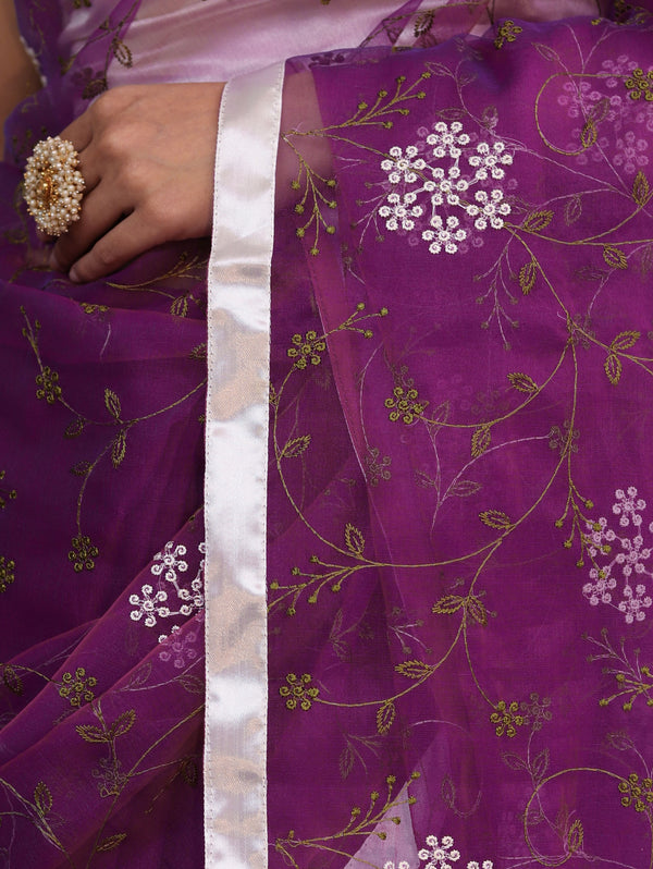 Banarasee Organza Mix Saree With Floral Embroidered Work & Satin Border-Purple