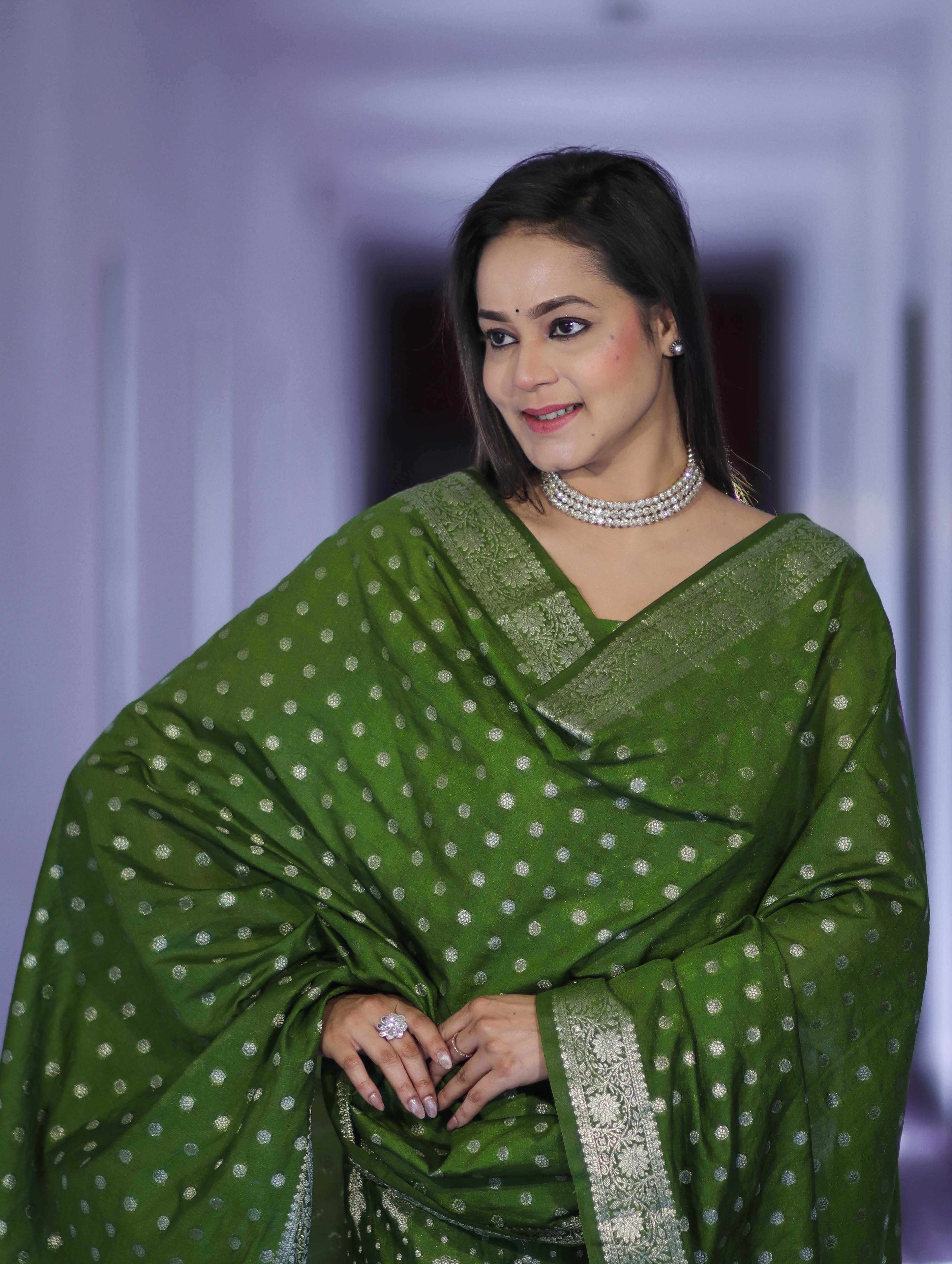 Banarasee Faux Georgette Zari Work Salwar Kameez Fabric With Dupatta Set-Leaf Green